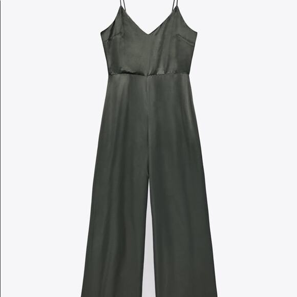 ZARA LONG SATIN EFFECT JUMPSUIT DARK GREEN - Picture 7 of 9